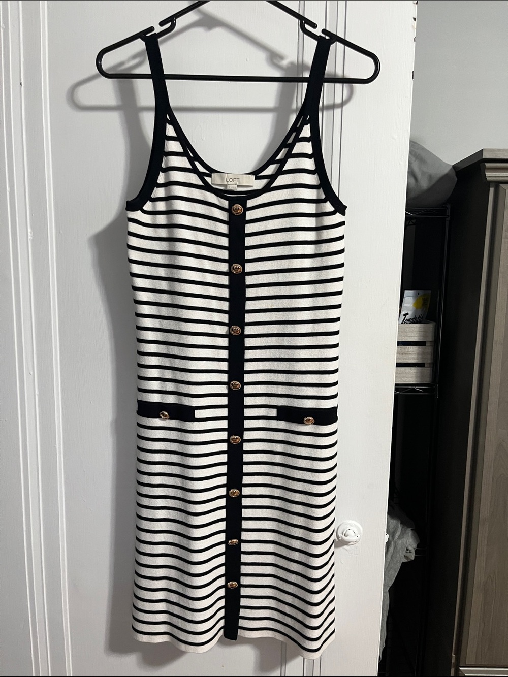 LOFT Black & White Striped Sleeveless Shell with Gold Buttons